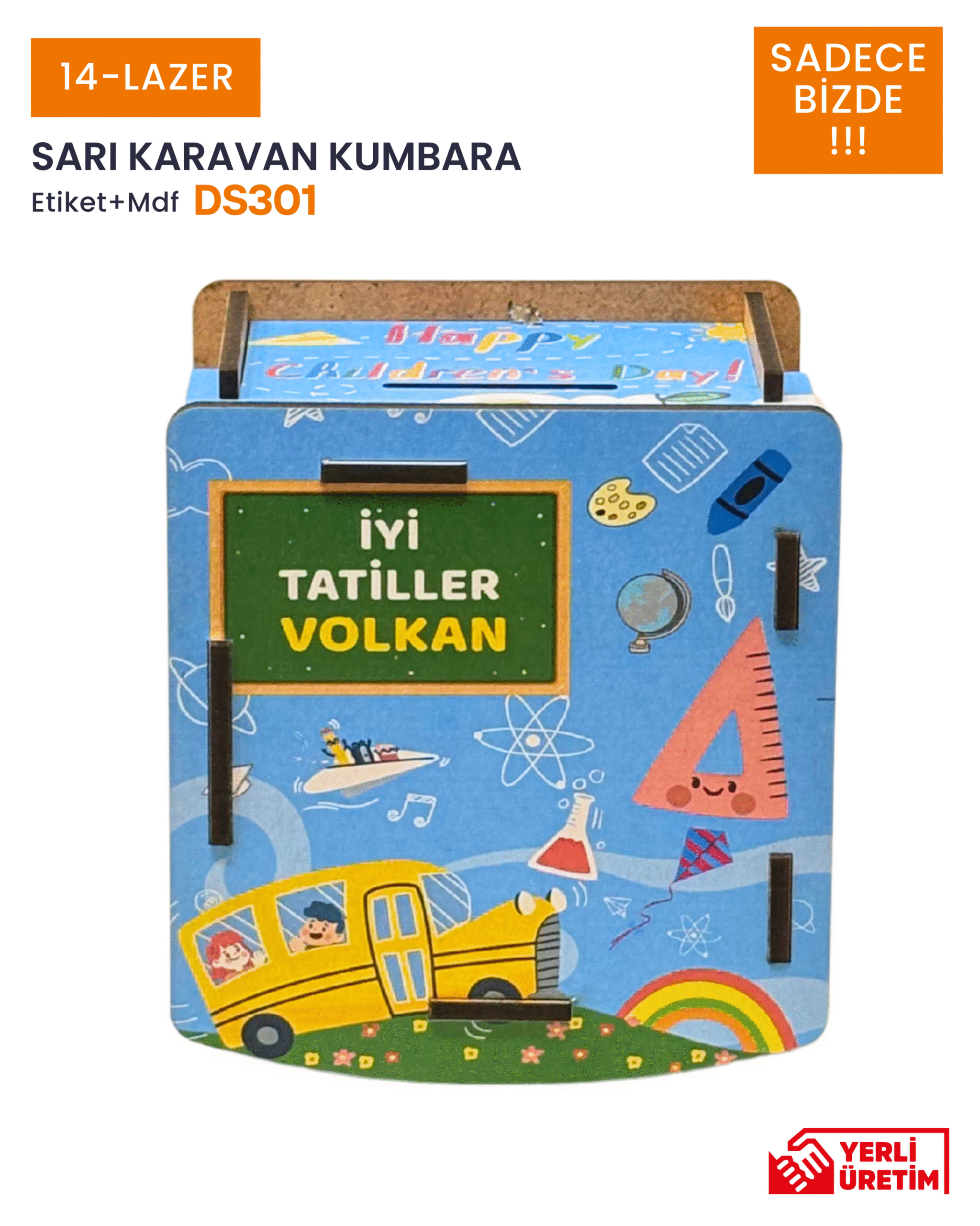7-1-3 Sarı Karavan Ahşap Kumbara (DS301) - Görsel 1